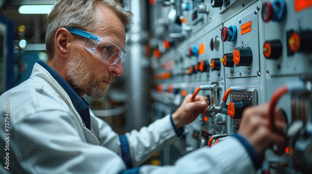 Wall mural engineer adjusting controls on industrial equipment. generative ai.