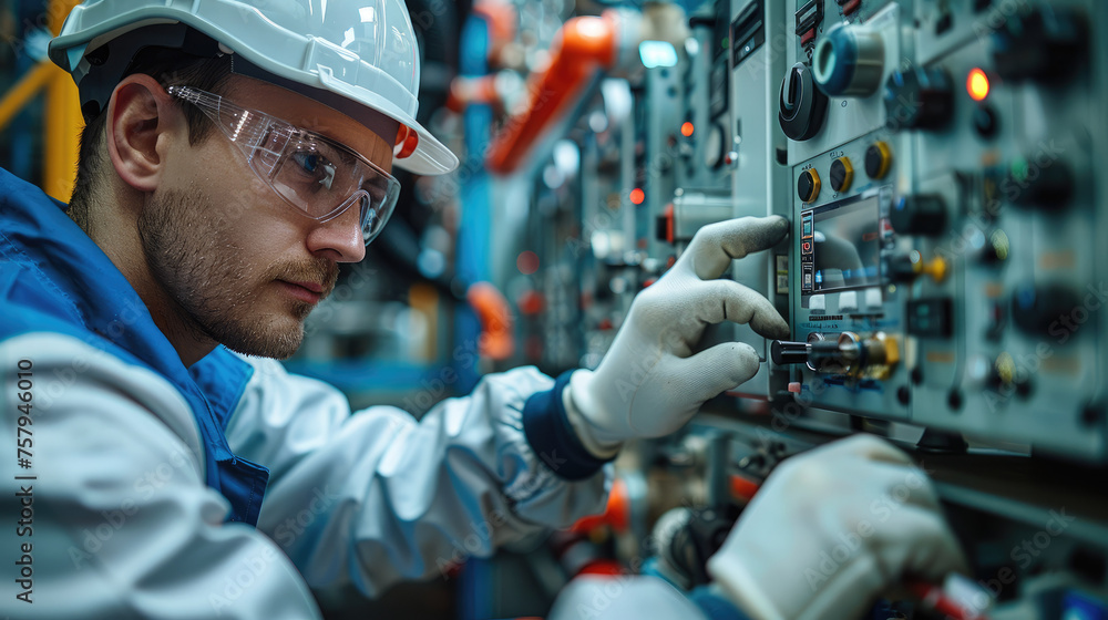 Poster engineer adjusting controls on industrial equipment. generative ai.