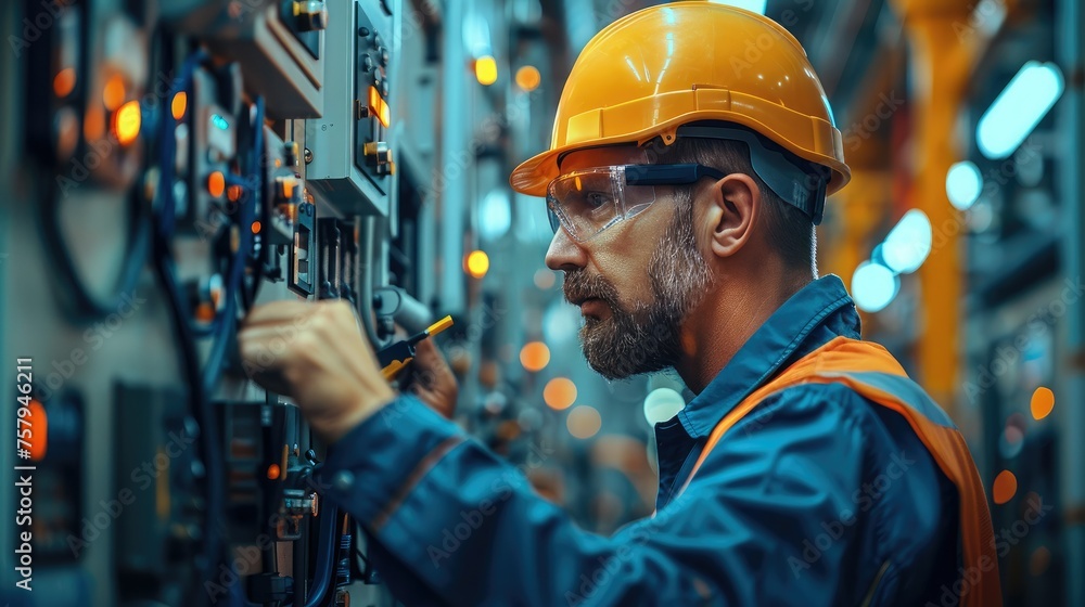 Poster a facility manager conducting a routine inspection on a transformer, using tools and safety gear. ge