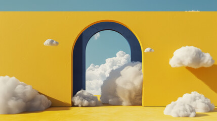 Abstract Sunny Dreamscape - Fluffy White Clouds Emerging from a Blue Archway on a Vibrant Yellow Background