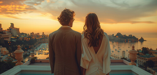 An elegant couple European looking from a rooftop the views of the most modern city. Generative AI.