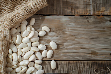 white beans on wooden table background, top view