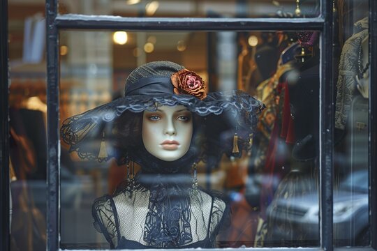Mannequin in Shop Window With Scarf on Head