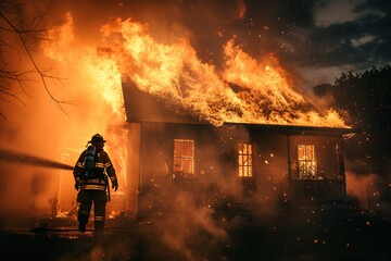 A firefighter valiantly battles a raging wildfire, hose connected to a hydrant, in a dynamic display of courage and determination to quench the inferno. - obrazy, fototapety, plakaty