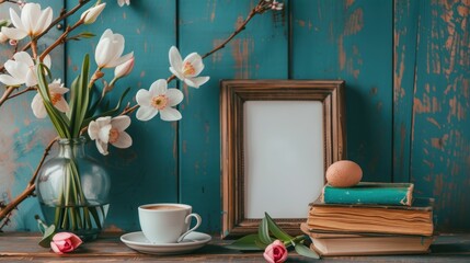 spring still life, wooden frame with copy space, flowers, books on turquoise wooden background, rustic style