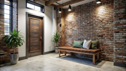 Rustic interior design of modern entrance hall with wooden bench seat