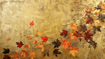 金箔と紅葉が描かれた日本画風背景 - obrazy, fototapety, plakaty