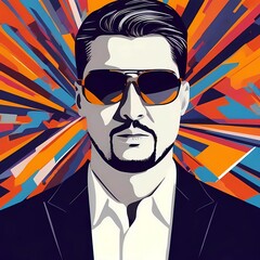 Vector 2d illustration of a man in sunglasses and a suit on a bright background. 