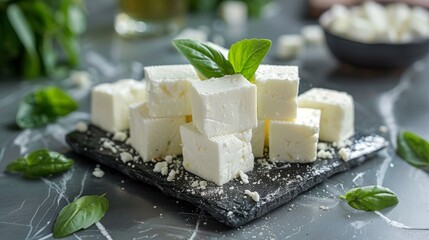 Fresh feta cheese cubes with basil on slate, Mediterranean diet concept - obrazy, fototapety, plakaty