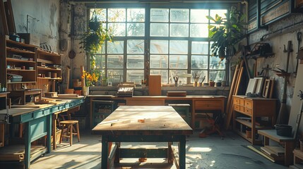 Artisan furniture maker's workshop with sunlight casting warm glow - obrazy, fototapety, plakaty
