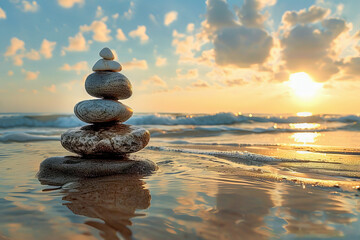 A stack of rocks on a beach with the sun setting in the background, stability, calmness, at sunset