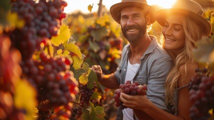 Happy couple enjoying a romantic moment while harvesting grapes in a vibrant vineyard at sunset - obrazy, fototapety, plakaty