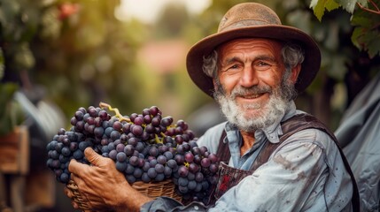 Content vintner holding a fresh grape bunch in a sunlit vineyard