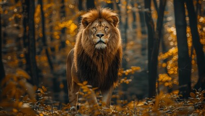 A majestic lion standing tall in the heart of an enchanted forest, its mane flowing and eyes...