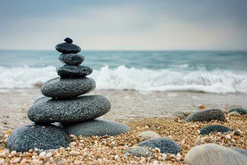 A stack of rocks in a pyramid shape on a beach with the ocean in the background, natural elements