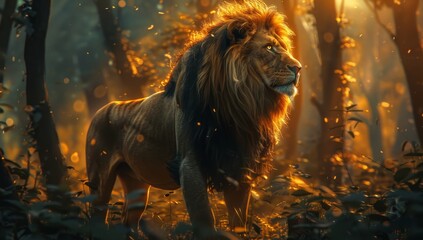 A majestic lion standing tall in the heart of an enchanted forest, its mane flowing and eyes...