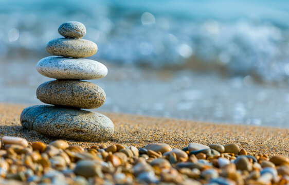 A stack of rocks on a beach, natural elements, calmness, pyramid shape