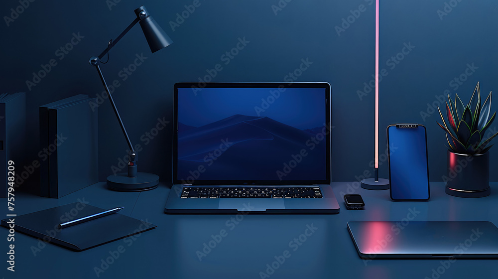 Poster a mockup of laptop and a mobile devices together in a dark blue room. generative ai.