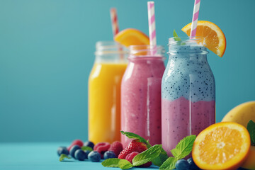 Summer colorful fruit smoothies in jars with ingredients. Healthy, detox and diet food concept. blue background