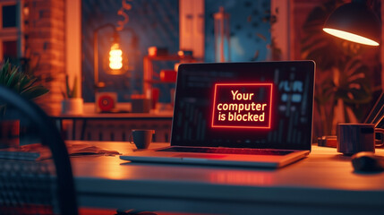 The computer displays cyber attack on an office computer and the message 