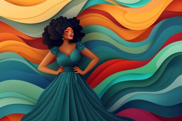 A plus-size woman in an elegant dark teal dress, standing confidently with her hands on her hips, set against the backdrop of colorful waves and swirls. 