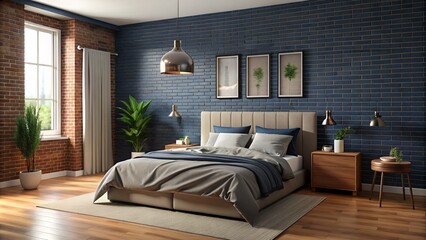 Queen bed with beige bedding against dark blue brick wall