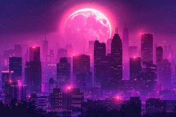 Zelfklevend Fotobehang A purple and pink gradient city skyline at night with a large full moon in the sky.  © Photo And Art Panda