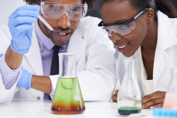Pipette , science and scientist people in lab for clinical research, study or chemical reaction...