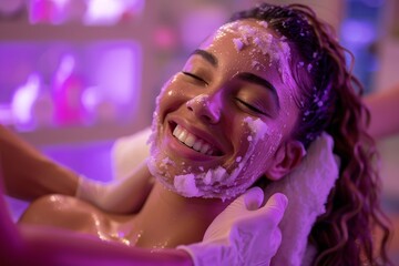 Relaxed woman enjoying a luxurious body scrub at a vibrant spa