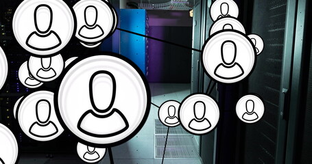 Image of digital people icons and data processing over computer servers