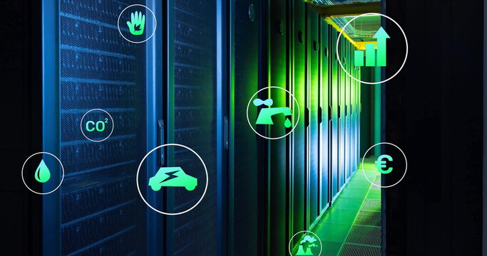 Image of eco icons and data processing over computer servers