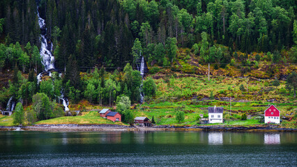 Mountains and Fjord over Norwegian Village in Olden, Innvikfjorden, Norway