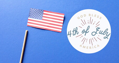Image of 4th of july text over flag of united states of america on blue background