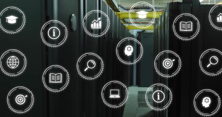 Image of digital icons and data processing over computer servers