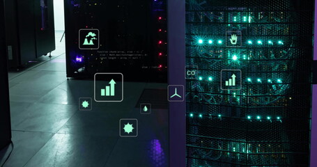 Image of eco icons and data processing over computer servers