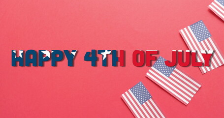 Image of 4th of july text over flags of united states of america on red background