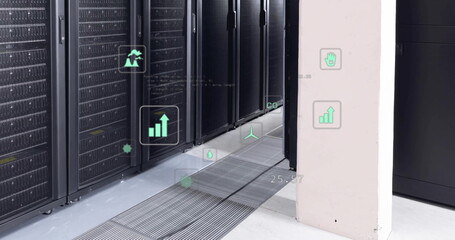 Image of eco icons and data processing over computer servers