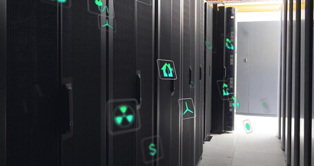 Image of eco icons and data processing over computer servers