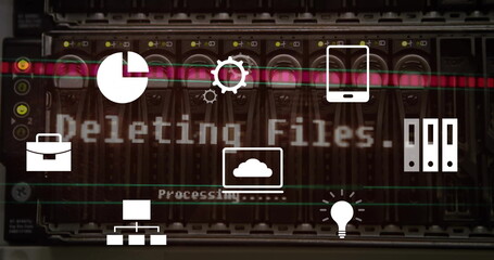Image of digital business icons and data processing over computer servers