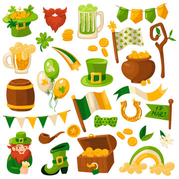 A large set of vector design elements for St. Patrick's Day. Hat, beard, wooden pipe, beer mug, Irish flag, boot, bow, chest of gold, balloons. Isolated elements for a holiday on a white background