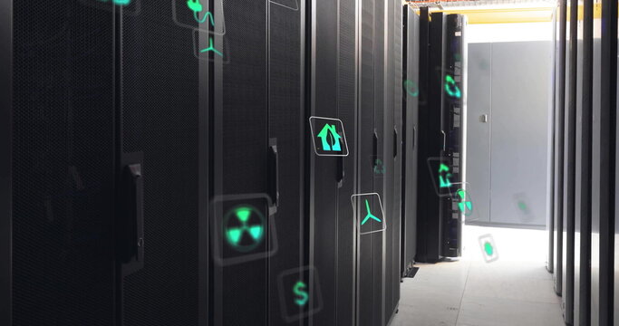 Image of eco icons and data processing over computer servers