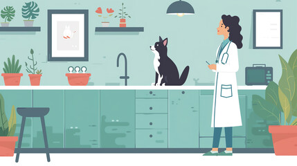 Woman in Lab Coat Standing Next to Black Cat. Generative AI