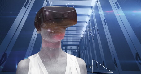 VR headset woman in server room embodies global digital network concept.
