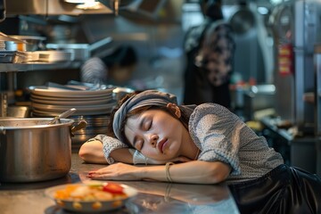 Fototapeta na wymiar Woman Sleeping on Counter in Restaurant