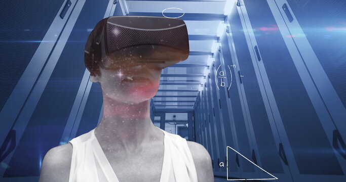 VR headset woman in server room embodies global digital network concept.