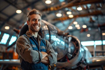 Confident mechanic with crossed arms standing in an airplane hangar