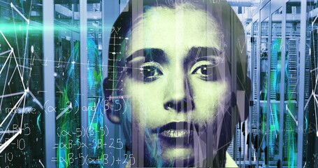 Image of mathematical equations data, molecules and lights moving over portrait of biracial woman 