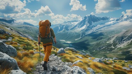 A hiker hiking on a mountain landscape. Generative AI.