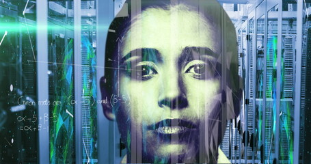 Image of mathematical equations data, molecules and lights moving over portrait of biracial woman 