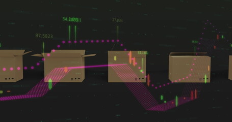 Image of financial data processing over world map and cardboard boxes